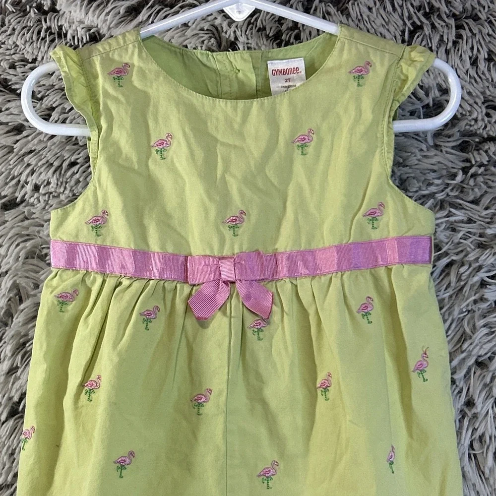 Vtg Gymboree Y2K ‎ ISLAND Summer Lime Green Flamingo Pink Grosgrain Romper 2T